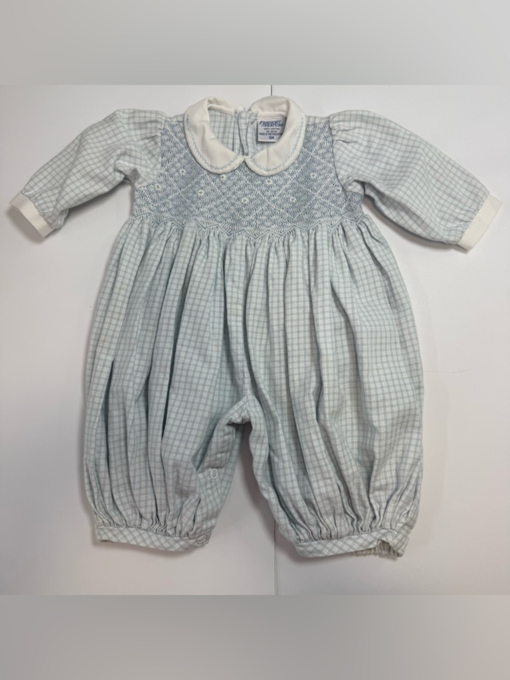 Vintage friedknit creation Smocked Peter Pan Collar Baby Romper blue Gingham